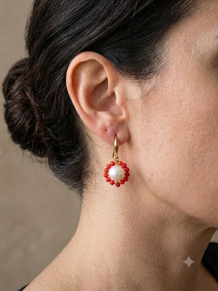 Taiwan coral and fresh water pearl earrings