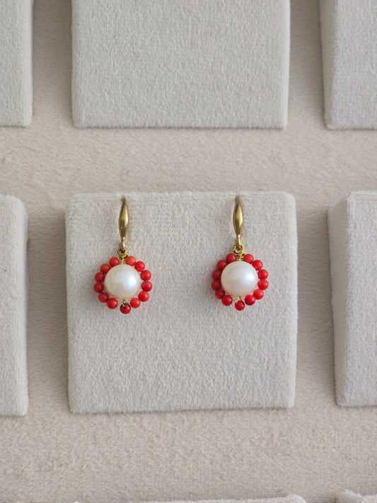 Taiwan coral and fresh water pearl earrings